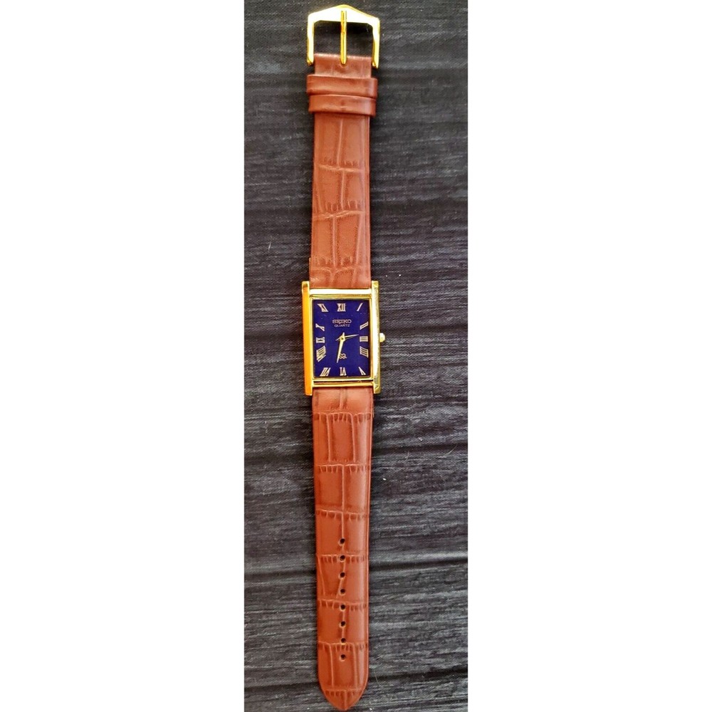 *RARE NOS Seiko Men's Rectangular Tank Gorgeous Gold Case Blue Dial Dress…‎